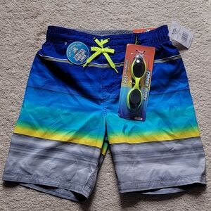 Kids Blue and Gray Swim Shorts with Goggles